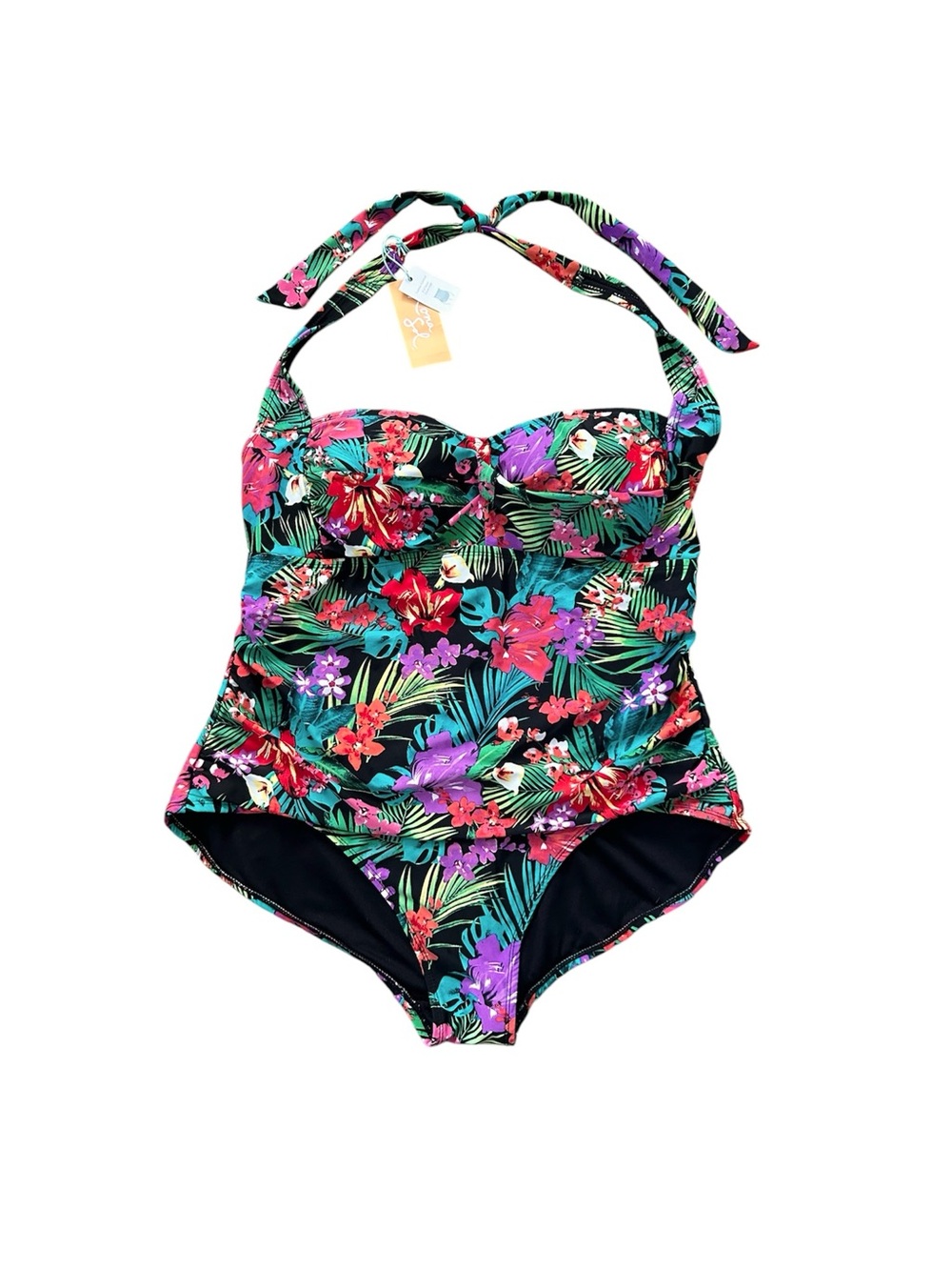 Tropical Floral One-Piece Halter Swimsuit Side Ruching Full Seat Coverage Sz 24